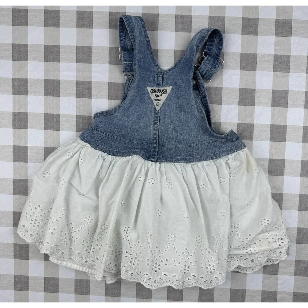 OshKosh B'gosh Overall Dress Girls 24M Denim White Cottagecore Eyelet Skirt